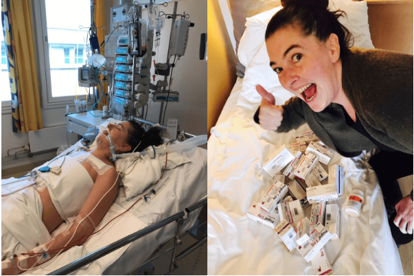 Bildecollage av Jeanette. Et bilde viser Jeanette på sykehussenga, det andre viser Jeanette med alle medisinene. 